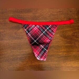 Victoria’s Secret Red Plaid Velvet Feel Stretch Cotton V-String Panty NWT